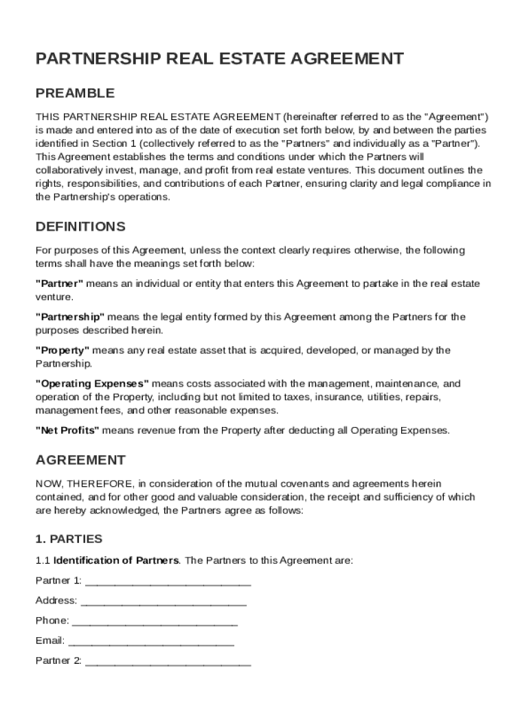 Partnership Real Estate Agreement Template Preview on Page 1