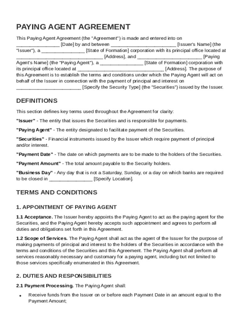 Paying Agent Agreement Template Preview on Page 1