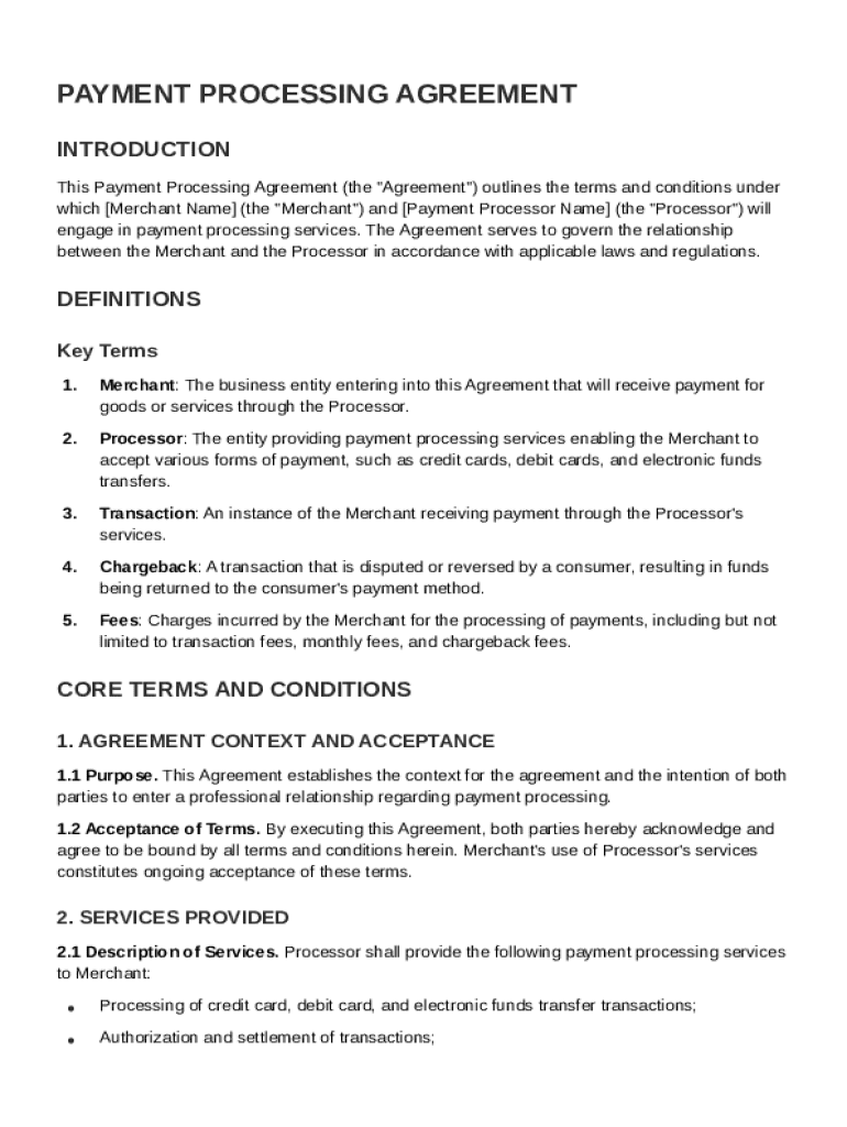 Payment Processing Agreement Template Preview on Page 1