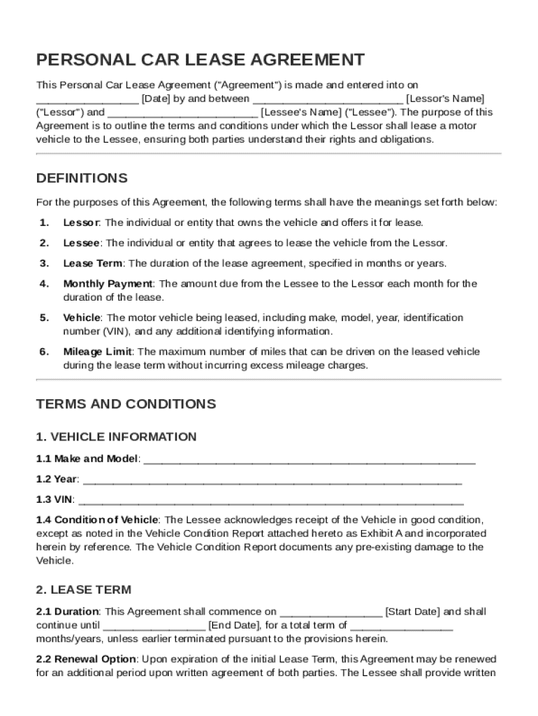 Personal Car Lease Agreement Template Preview on Page 1