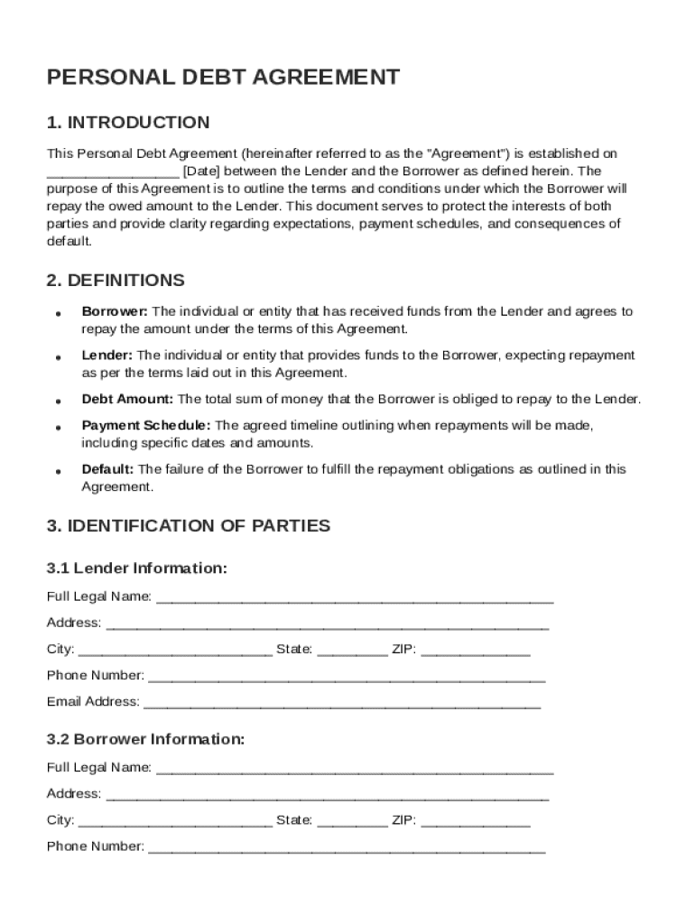 Personal Debt Agreement Template Preview on Page 1