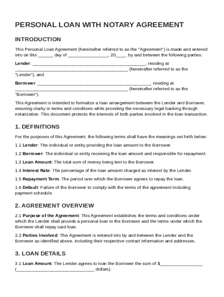 Personal Loan With Notary Agreement Template Preview on Page 1