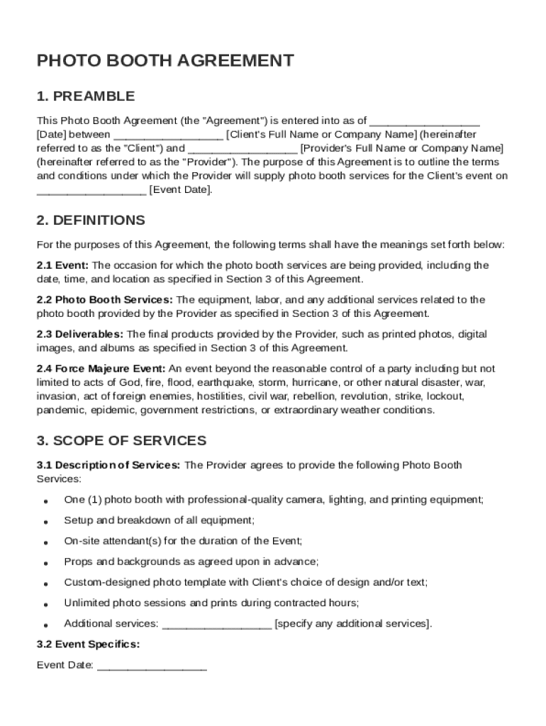 Photo Booth Agreement Template Preview on Page 1