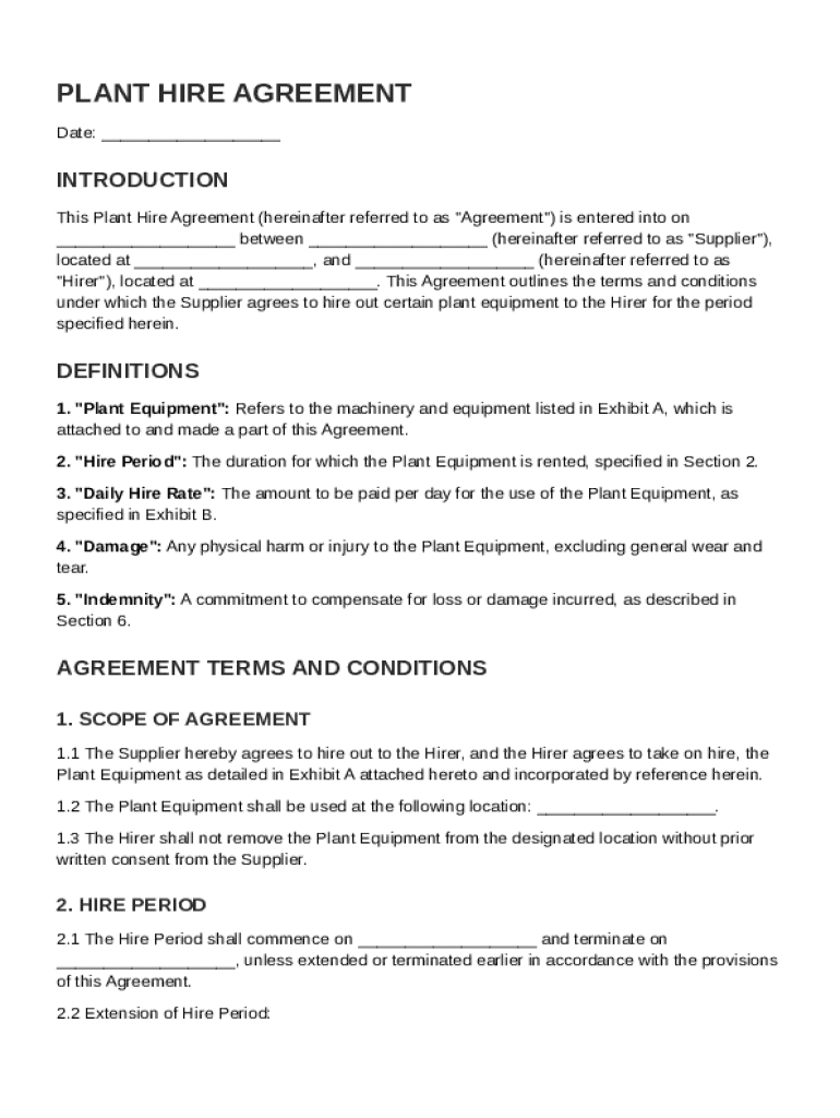 Plant Hire Agreement Template Preview on Page 1
