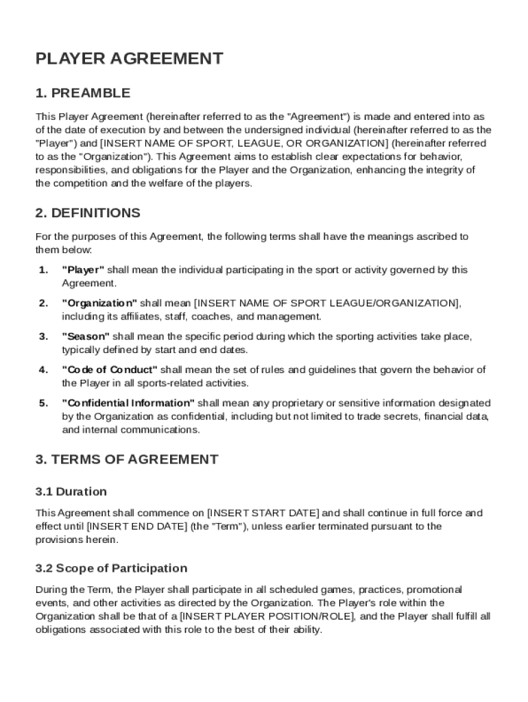 Player Agreement Template Preview on Page 1