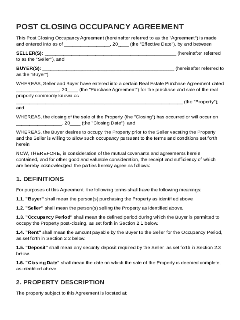 Post Closing Occupancy Agreement Template Preview on Page 1