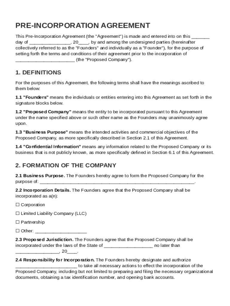 Pre Incorporation Agreement Template Preview on Page 1