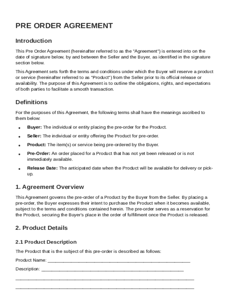 Pre Order Agreement Template Preview on Page 1
