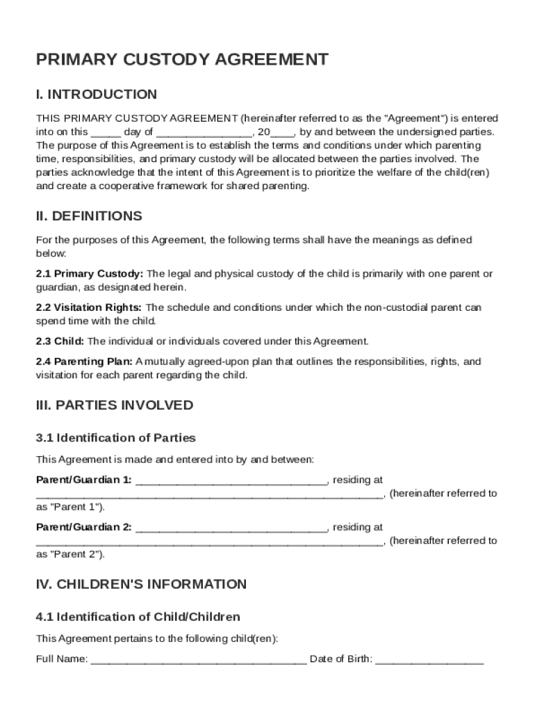 Primary Custody Agreement Template Preview on Page 1