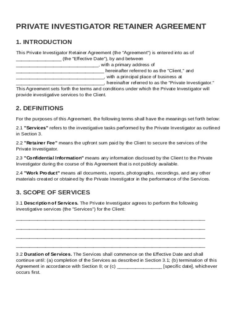 Private Investigator Retainer Agreement Template Preview on Page 1