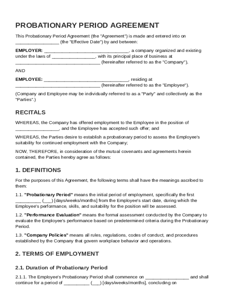 Probationary Period Agreement Template Preview on Page 1