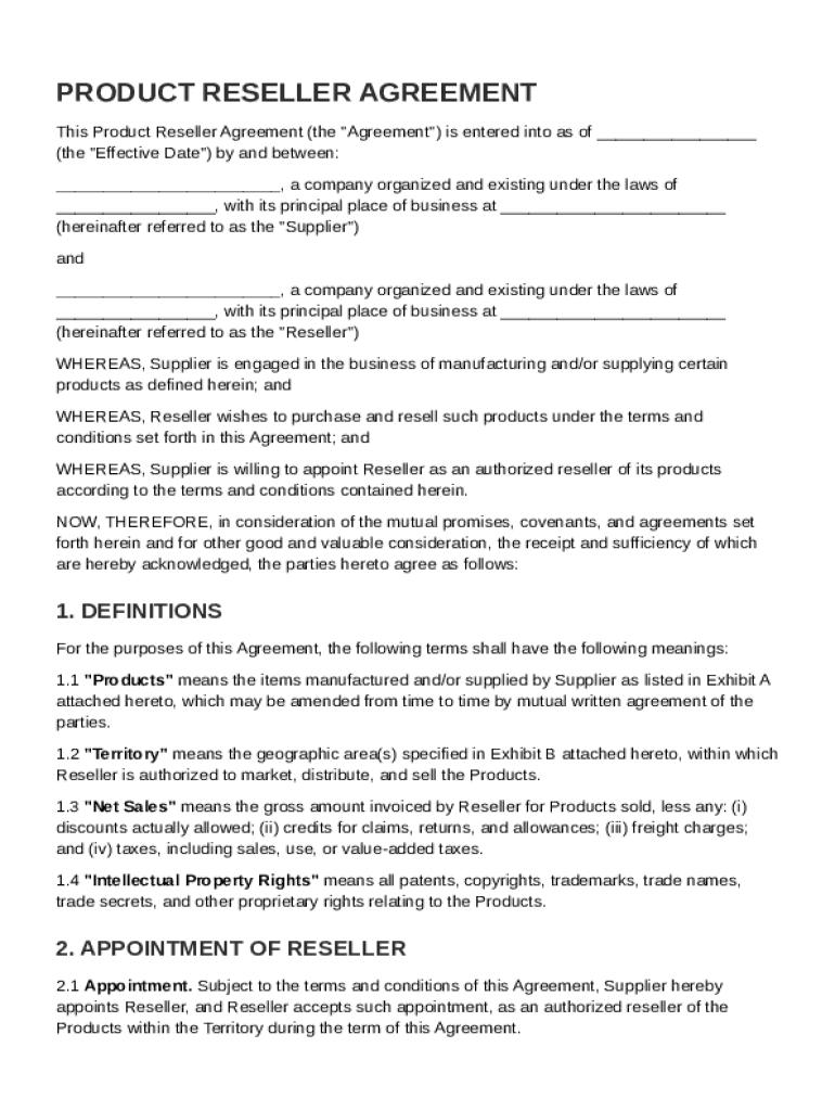Product Reseller Agreement Template Preview on Page 1