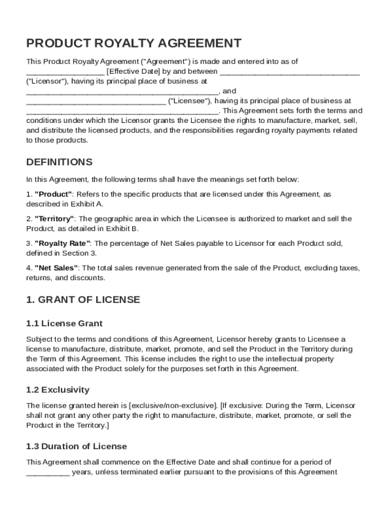 Product Royalty Agreement Template Preview on Page 1