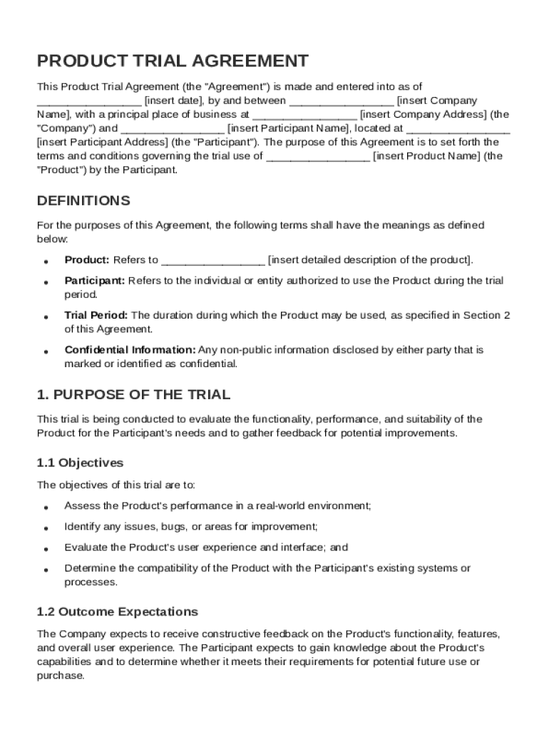 Product Trial Agreement Template Preview on Page 1