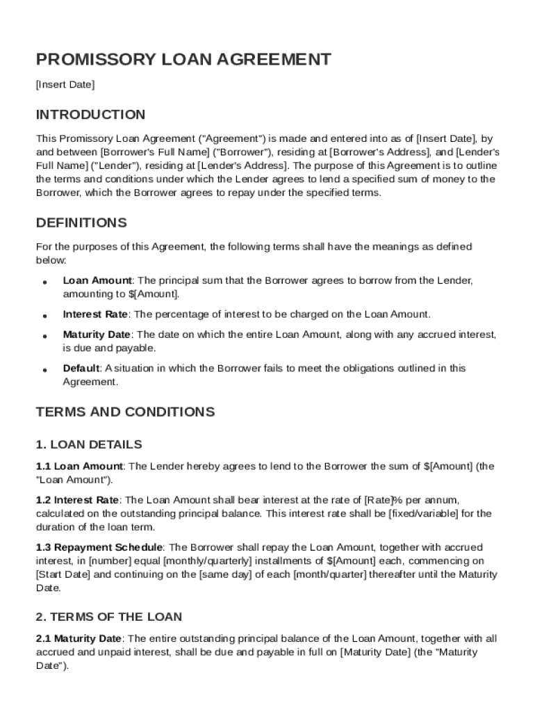 Promissory Loan Agreement Template Preview on Page 1