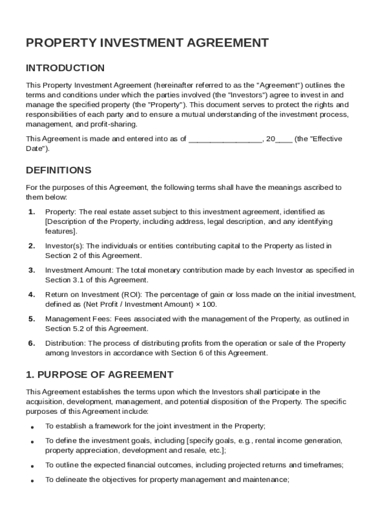 Property Investment Agreement Template Preview on Page 1