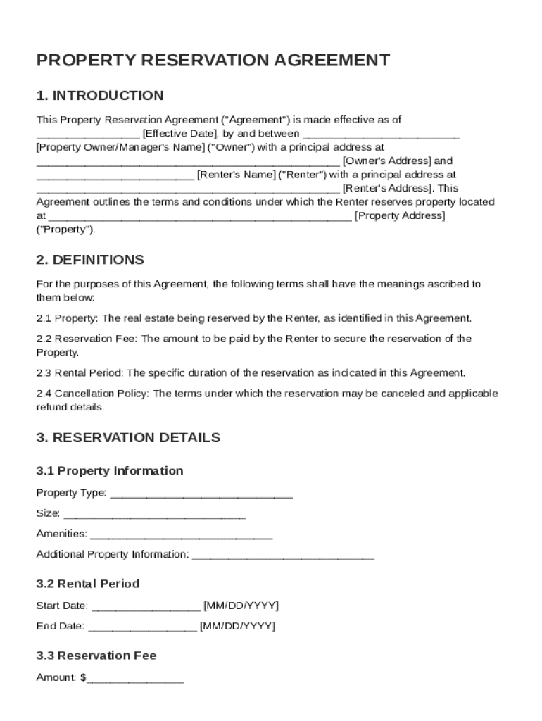 Property Reservation Agreement Template Preview on Page 1