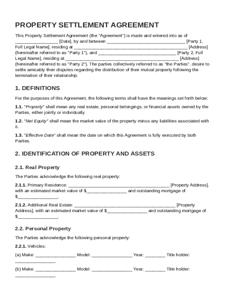 Property Settlement Agreement Template Preview on Page 1