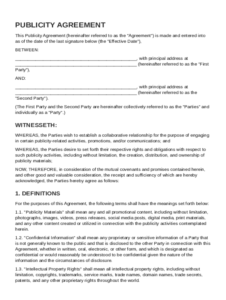 Publicity Agreement Template Preview on Page 1