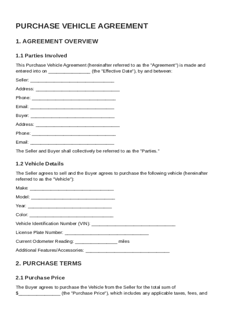 Purchase Vehicle Agreement Template Preview on Page 1