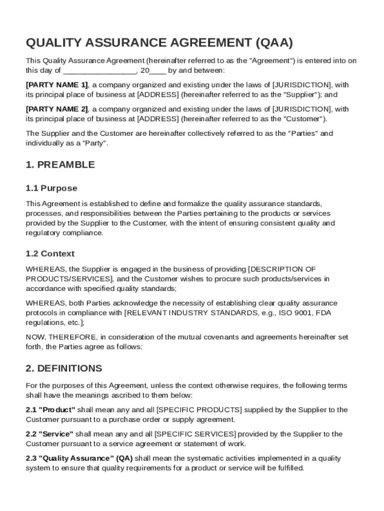 Quality Assurance Agreement Template Preview on Page 1
