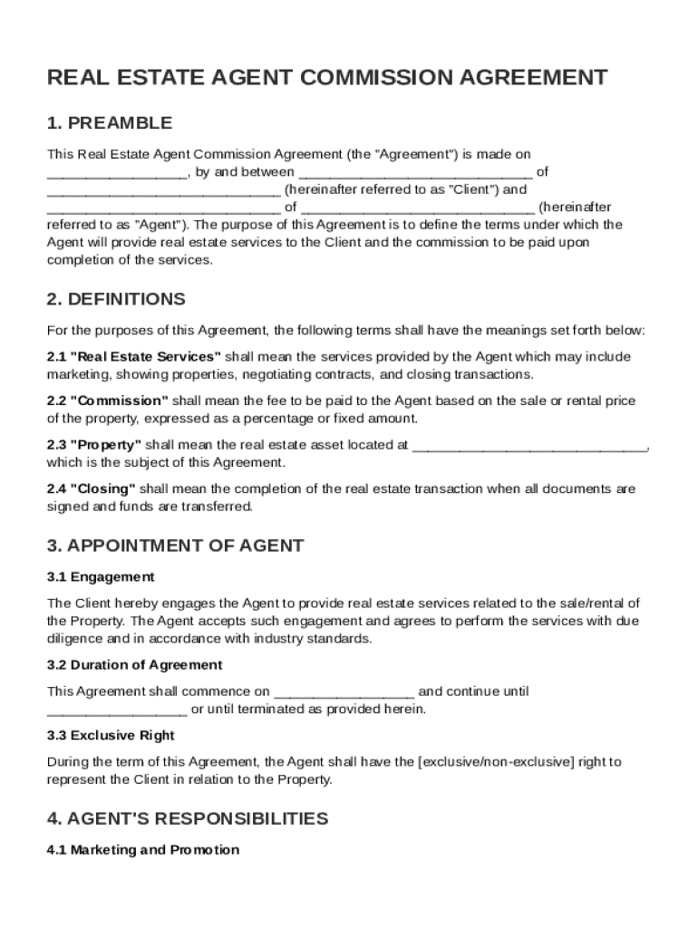 Real Estate Agent Commission Agreement Template Preview on Page 1