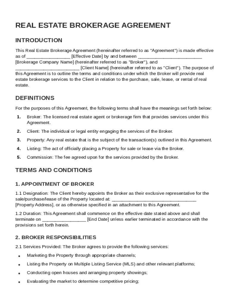 Real Estate Brokerage Agreement Template Preview on Page 1