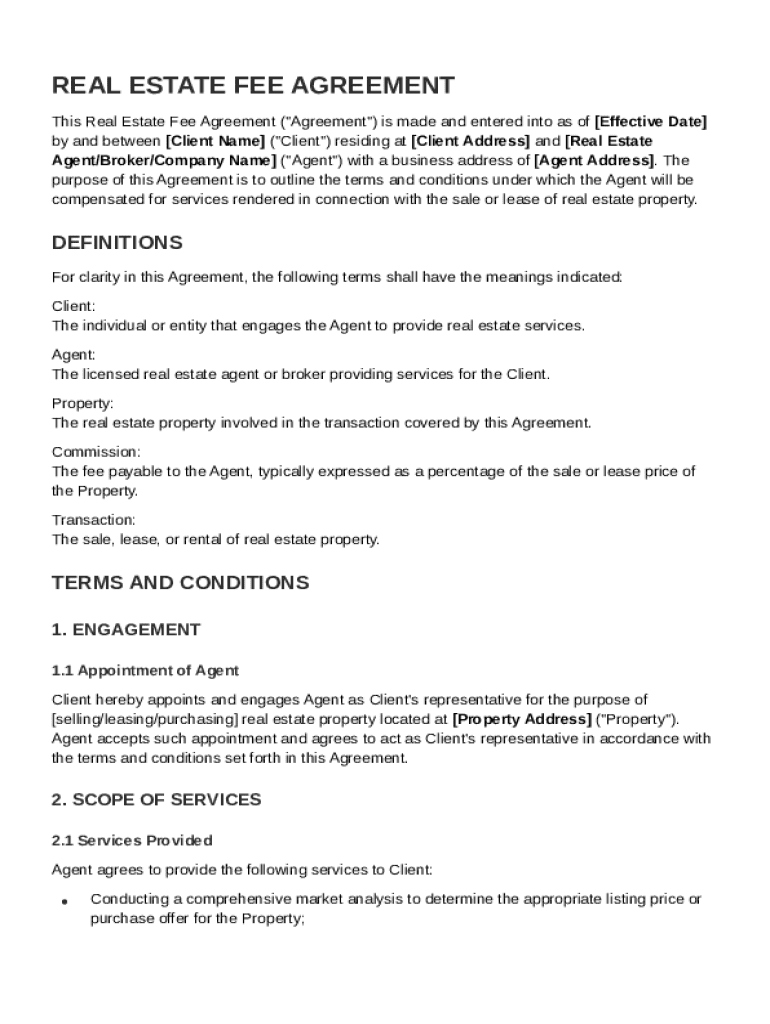 Real Estate Fee Agreement Template Preview on Page 1