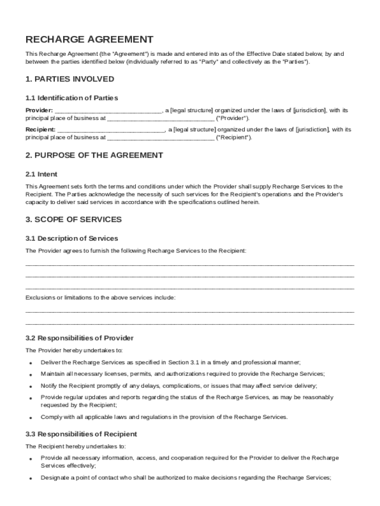 Recharge Agreement Template Preview on Page 1