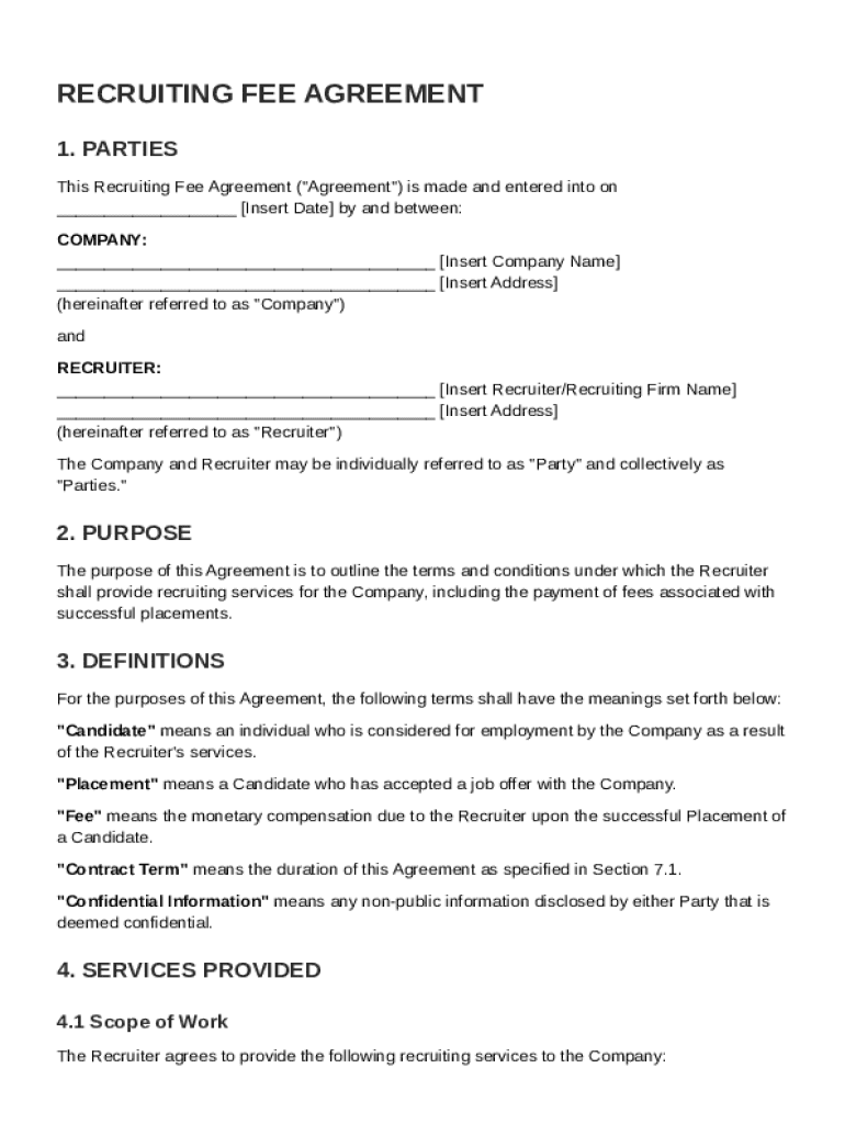 Recruiting Fee Agreement Template Preview on Page 1