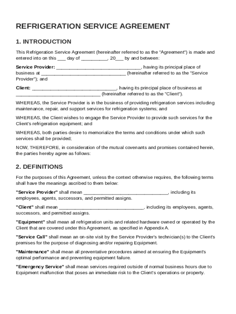 Refrigeration Service Agreement Template Preview on Page 1