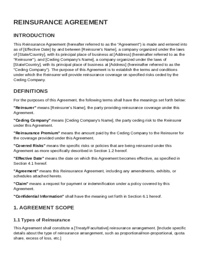 Reinsurance Agreement Template Preview on Page 1