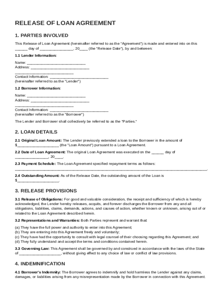 Release of Loan Agreement Template Preview on Page 1