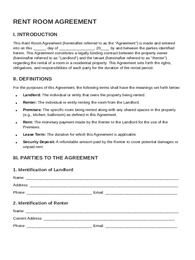 Rent Room Agreement Template Preview on Page 1