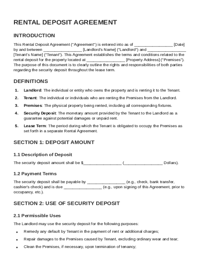 Rental Deposit Agreement Template Preview on Page 1