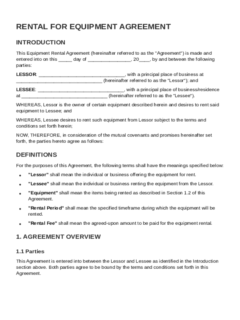 Rental for Equipment Agreement Template Preview on Page 1