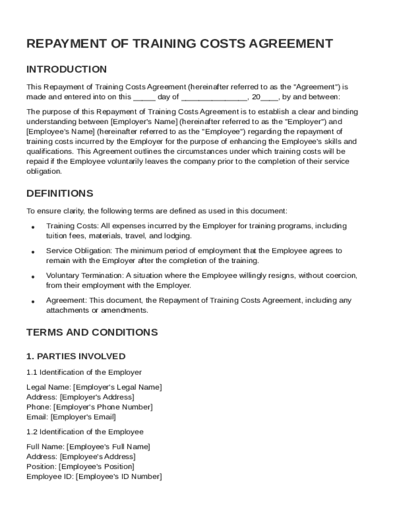 Repayment of Training Costs Agreement Template Preview on Page 1
