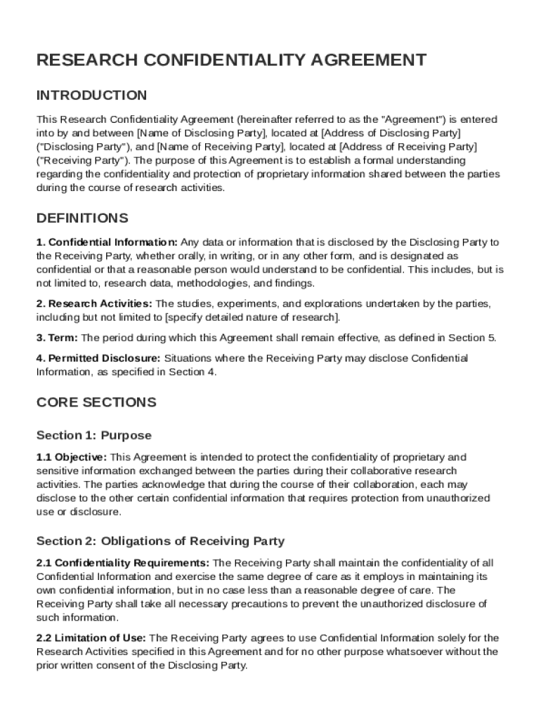 Research Confidentiality Agreement Template Preview on Page 1