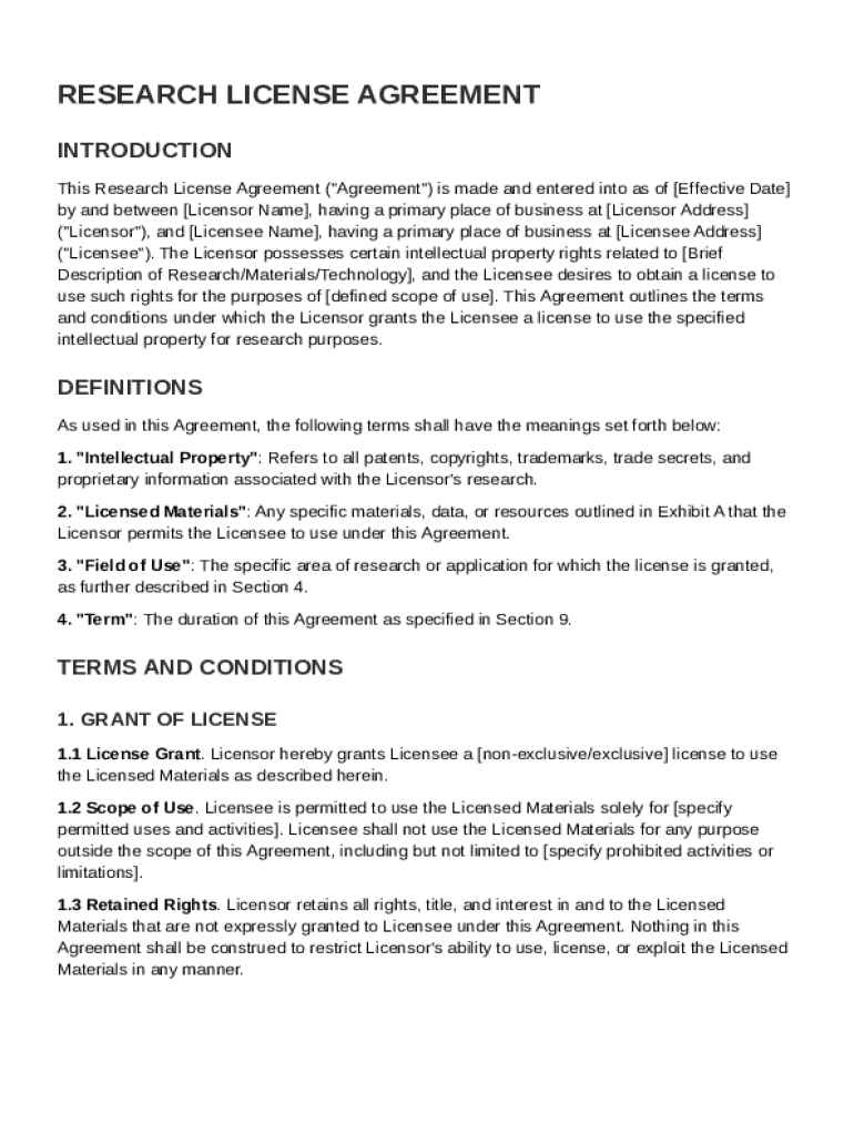Research License Agreement Template Preview on Page 1