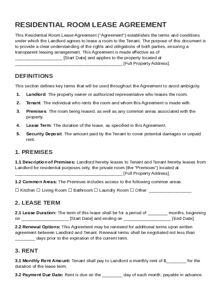 Residential Room Lease Agreement Template Preview on Page 1