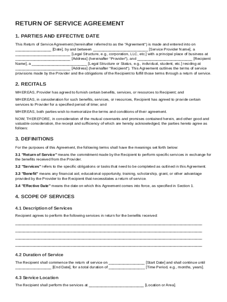 Return of Service Agreement Template Preview on Page 1