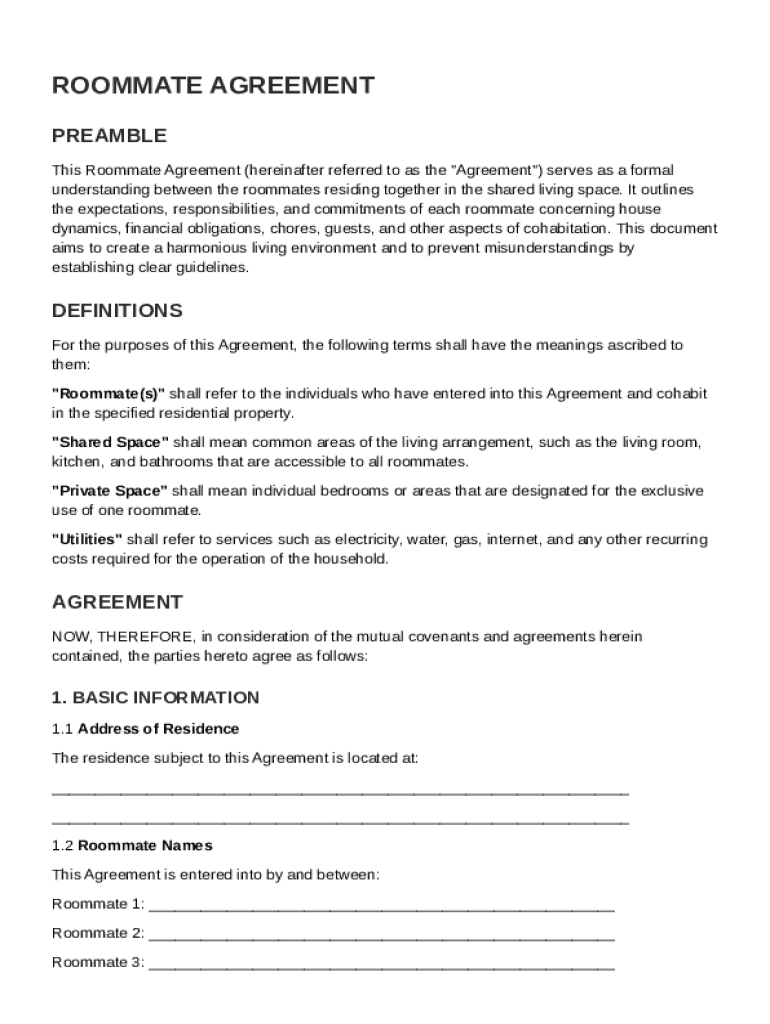 Roommate Agreement Template Preview on Page 1