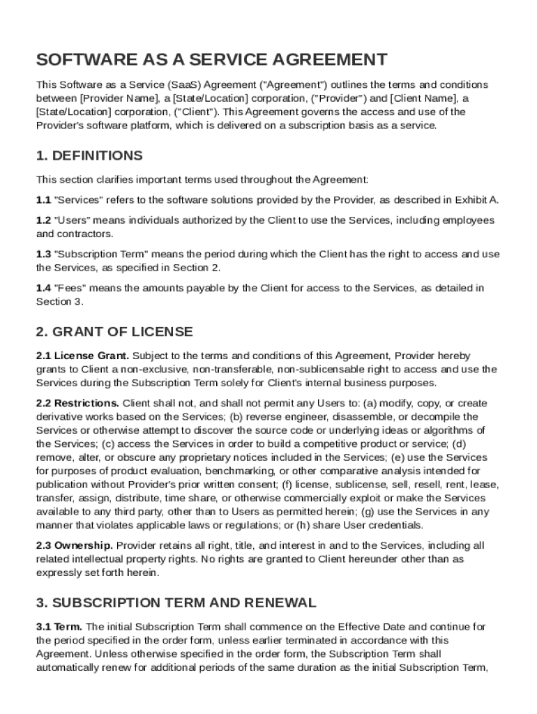 SaaS Agreement Template Preview on Page 1