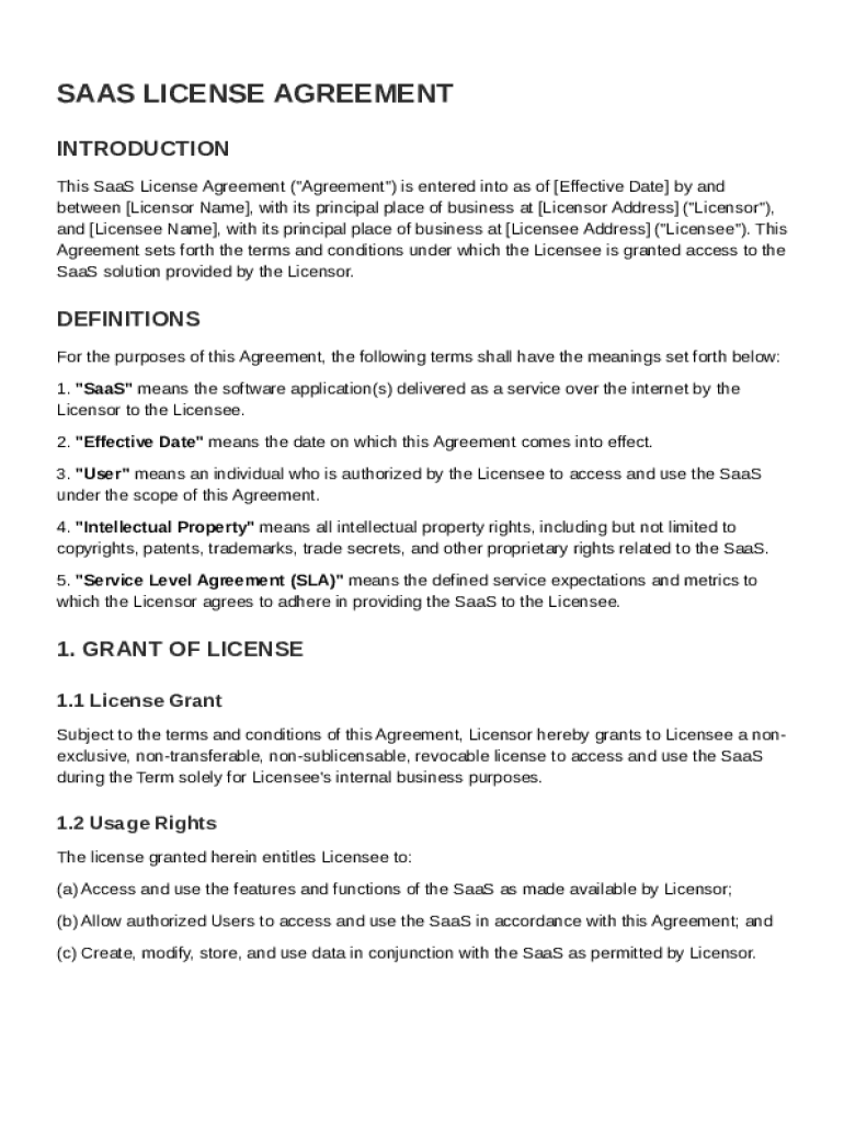 SaaS License Agreement Template Preview on Page 1