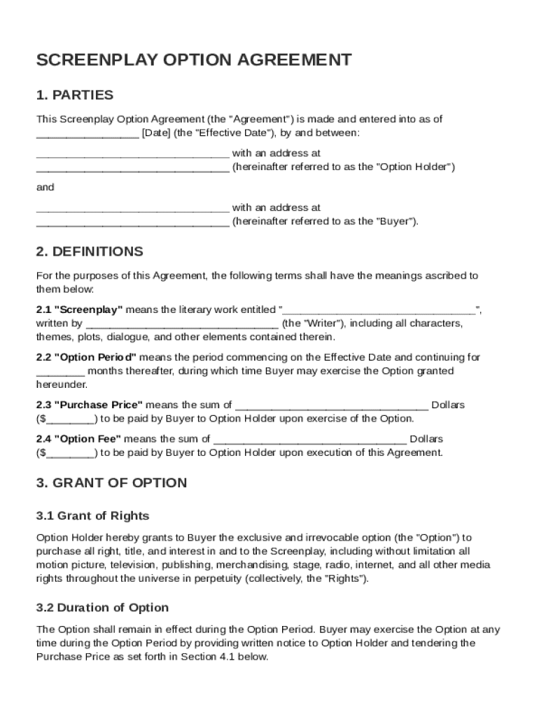 Screenplay Option Agreement Template Preview on Page 1