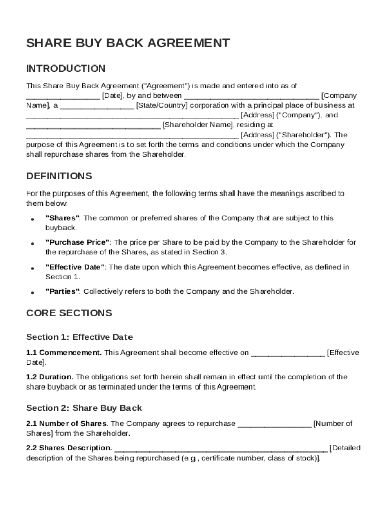 Share Buy Back Agreement Template Preview on Page 1