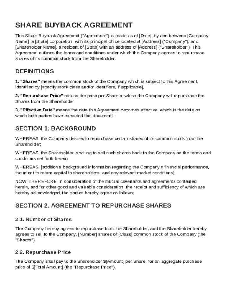 Share Buyback Agreement Template Preview on Page 1