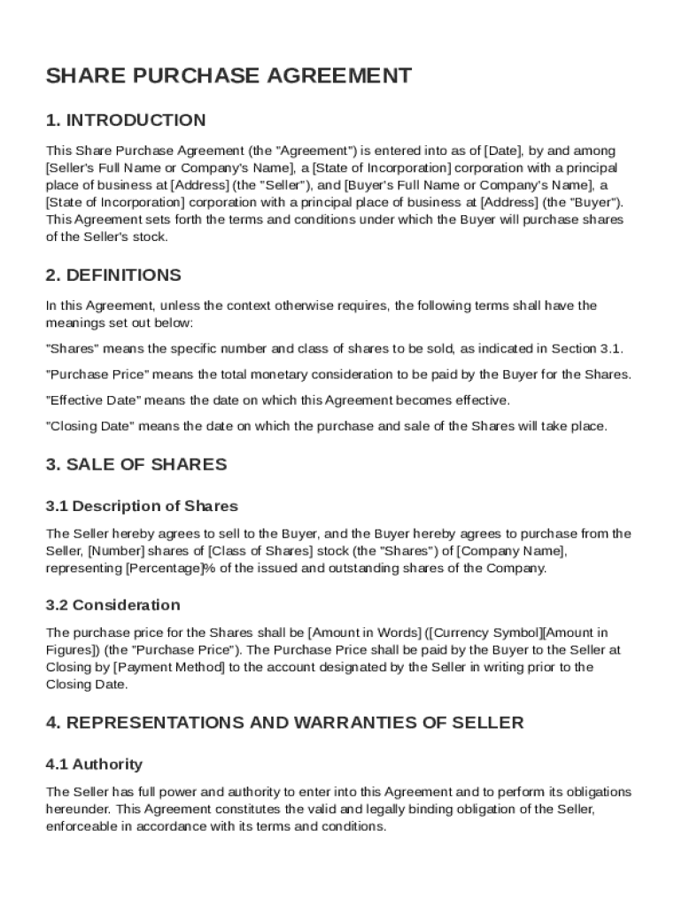 Share Purchase Agreement Template Preview on Page 1