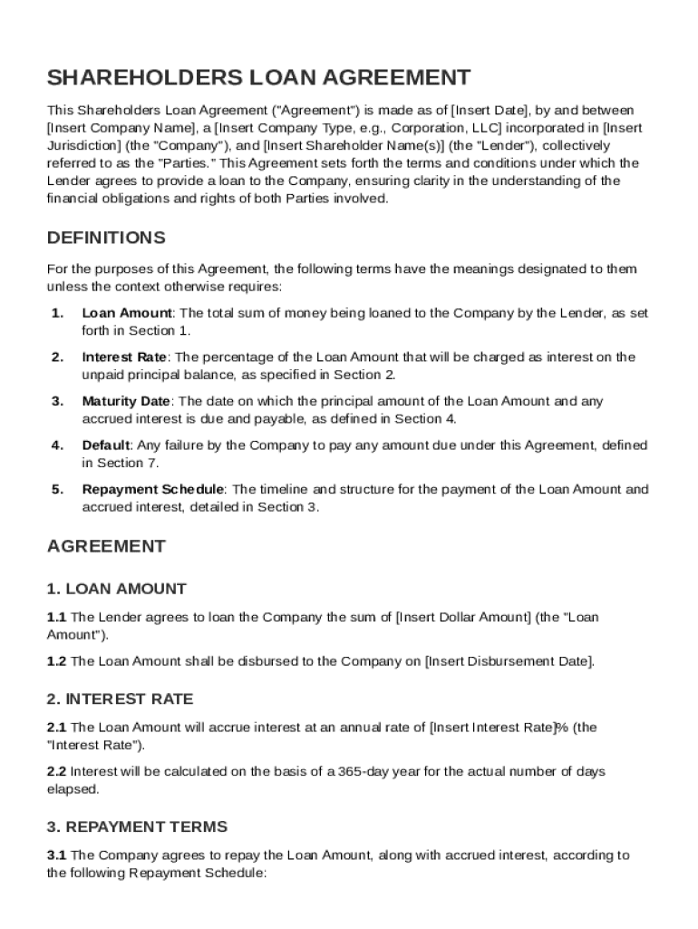 Shareholders Loan Agreement Template Preview on Page 1