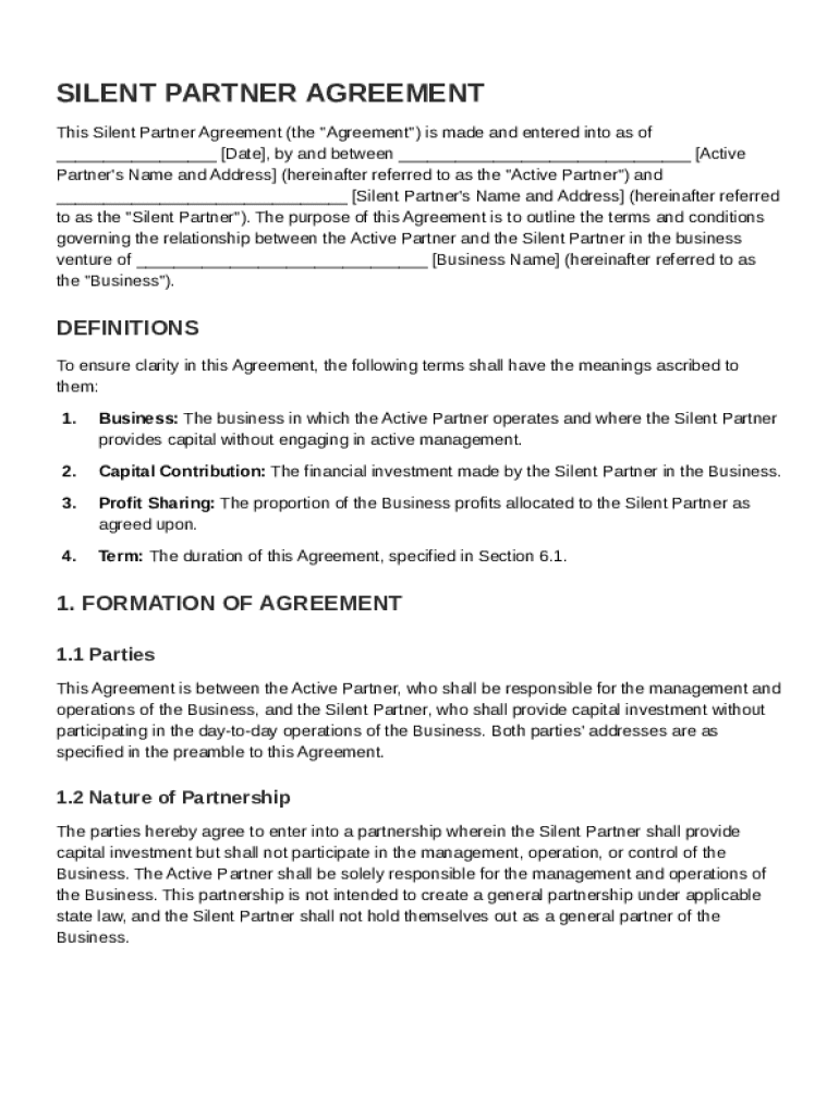 Silent Partner Agreement Template Preview on Page 1